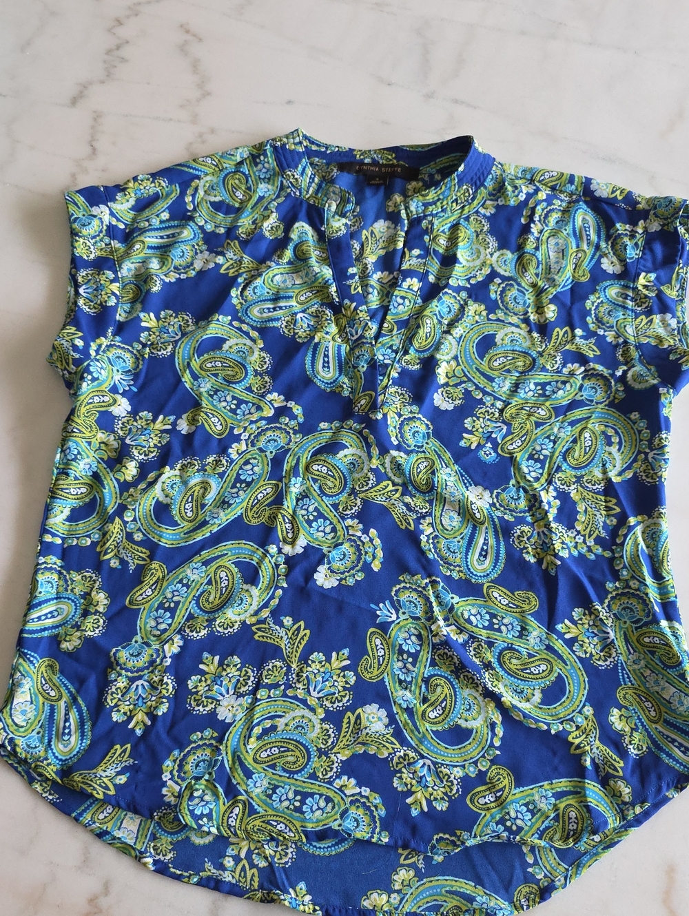 Cynthia Steffe Royal Blue Paisley V-Neck Blouse with Lime Accents